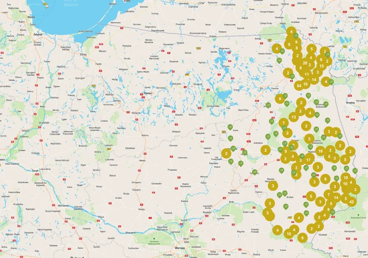 Mapa dostęþnych miejsc noclegowychj realizująca Podlaski Bon Turystyczny 