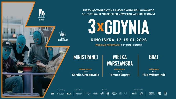 Grafika promocyjna wydarzenia 3xGdynia 2026 — przegląd filmowy wybranych hitów po 50. FPFF