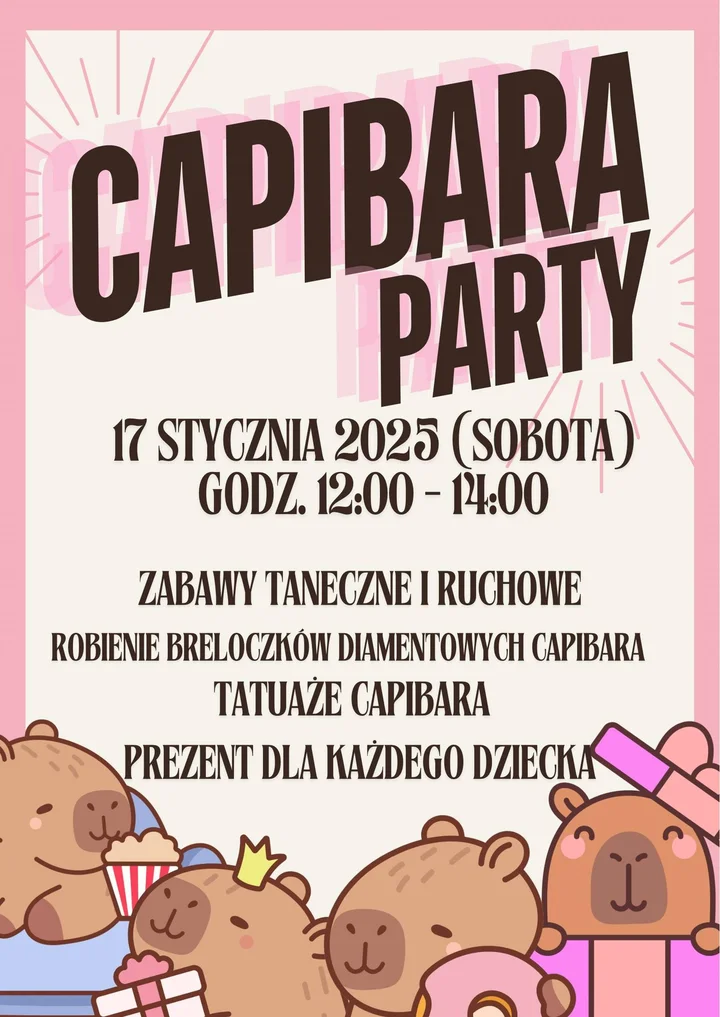 Grafika promocyjna wydarzenia Capibara Party — impreza dla dzieci na rozpoczęcie ferii zimowych w Augustowie