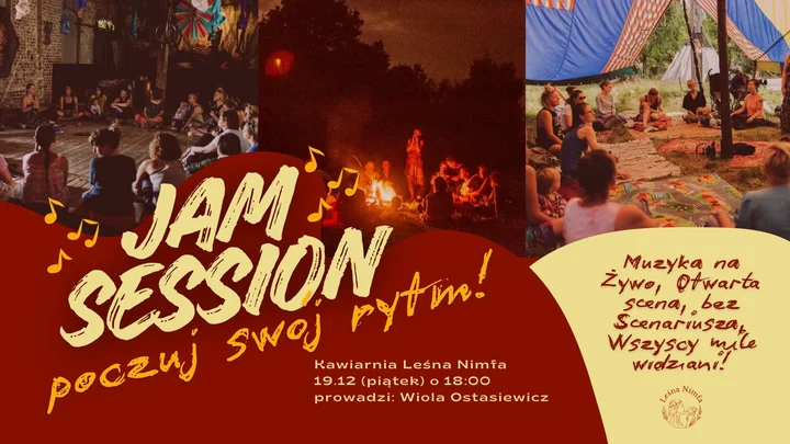 Grafika promocyjna wydarzenia JAM SESSION w Leśnej Nimfie — otwarta scena i wspólne granie