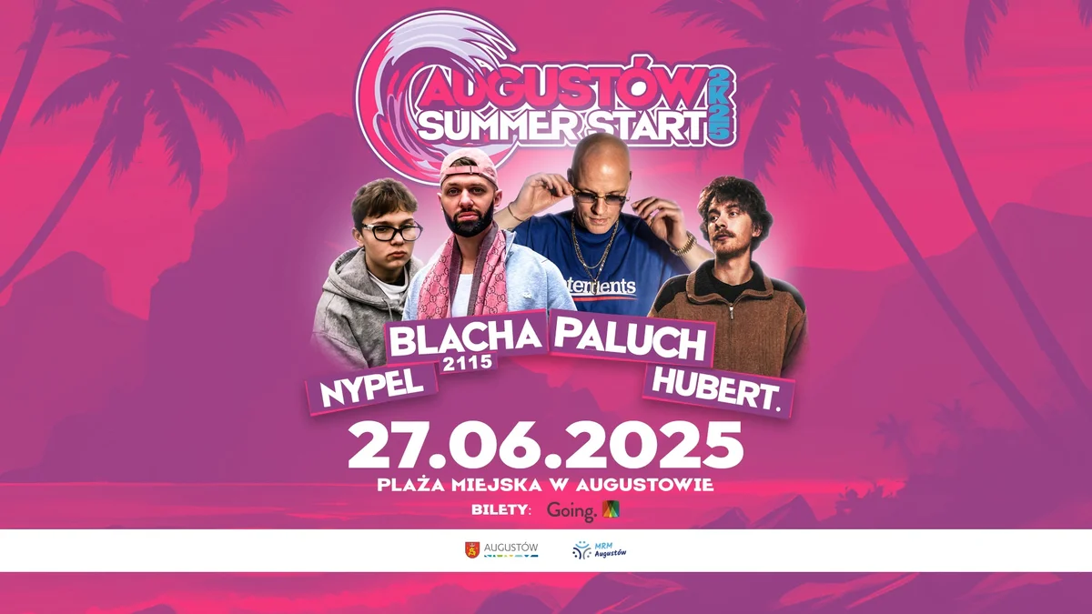 Grafika promocyjna wydarzenia Koncert polskich raperów na plaży miejskiej w Augustowie
