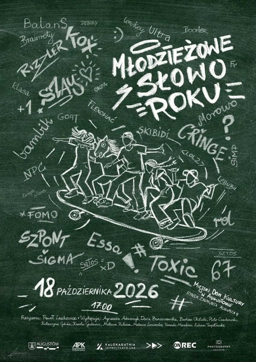 Grafika promocyjna wydarzenia „Młodzieżowe słowo roku” – spektakl Kalokagathia Impro/Teatr Lab