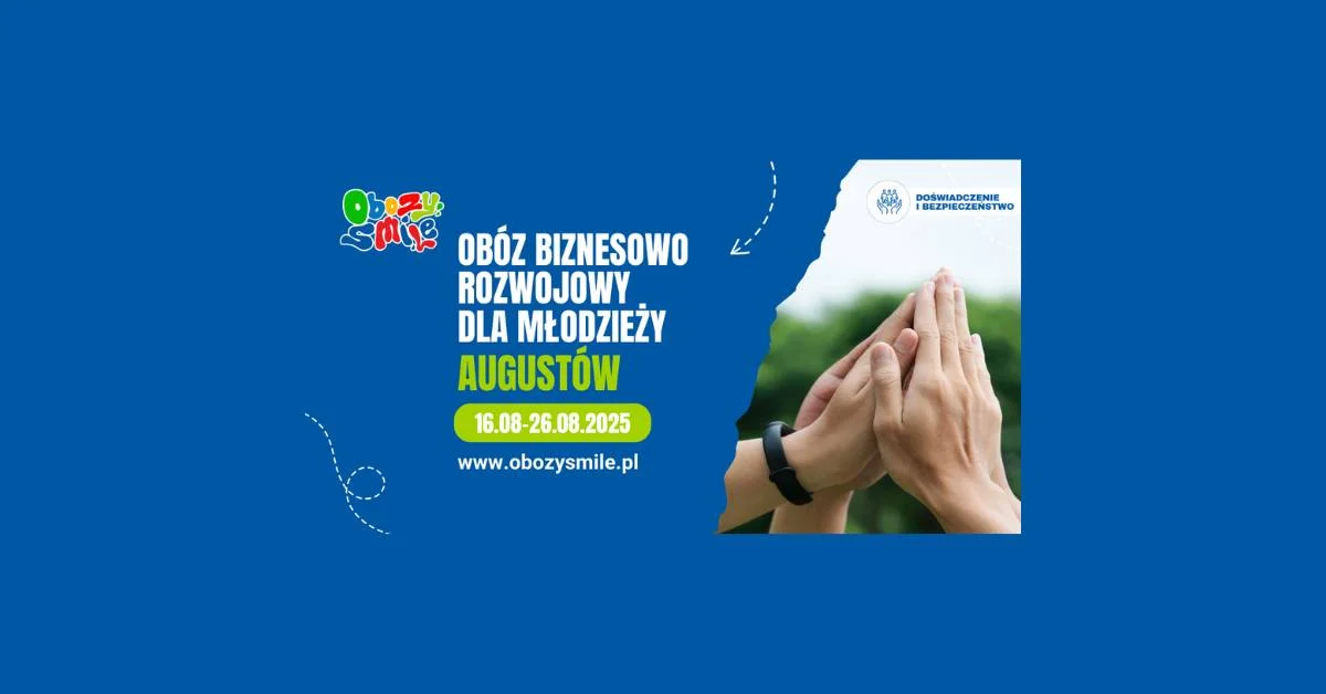 Grafika promocyjna wydarzenia Obóz rozwojowo-biznesowy dla młodzieży w Augustowie