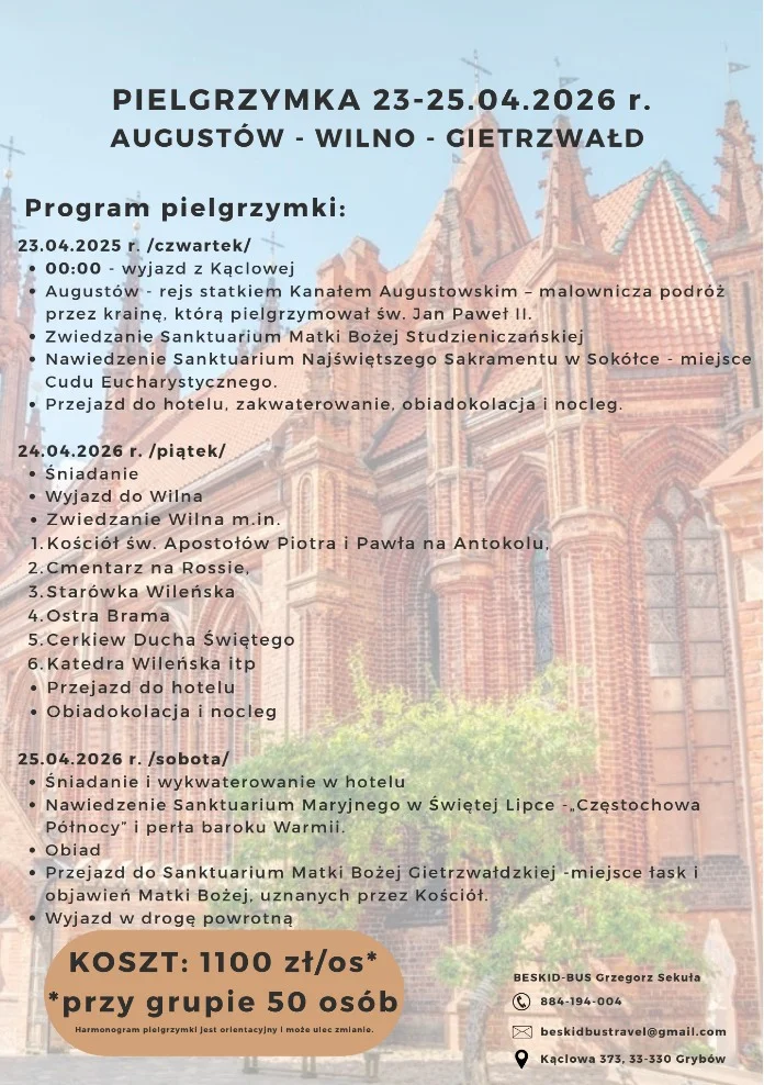Grafika promocyjna wydarzenia PIELGRZYMKA Augustów–Wilno–Gietrzwałd