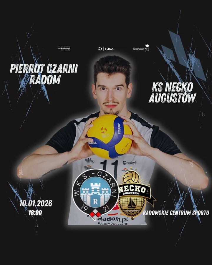 Grafika promocyjna wydarzenia PIERROT Czarni Radom – KS NECKO Augustów, 10 stycznia 2026