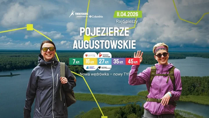 Grafika promocyjna wydarzenia TrekTours — Rajd pieszy Pojezierze Augustowskie 2026