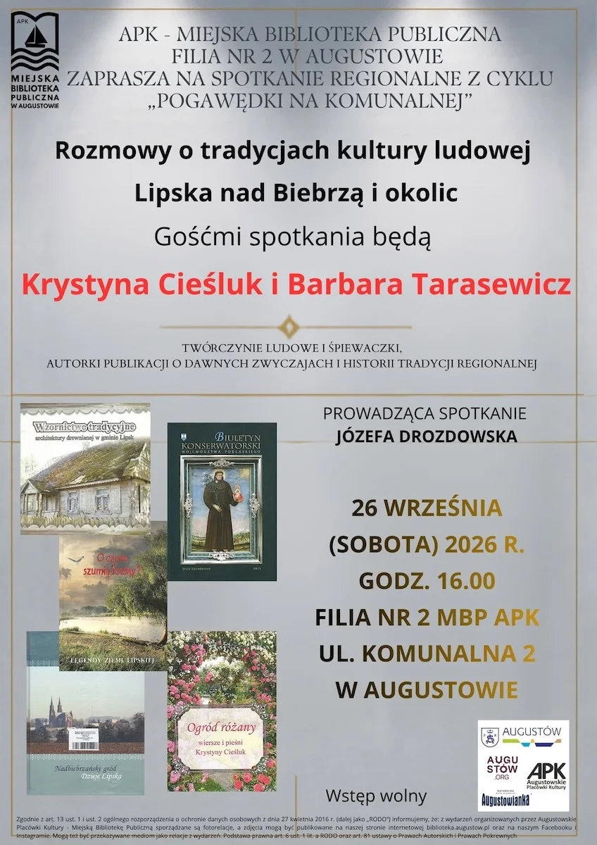 Grafika promocyjna wydarzenia Rozmowy o tradycjach kultury ludowej Lipska nad Biebrzą i okolic