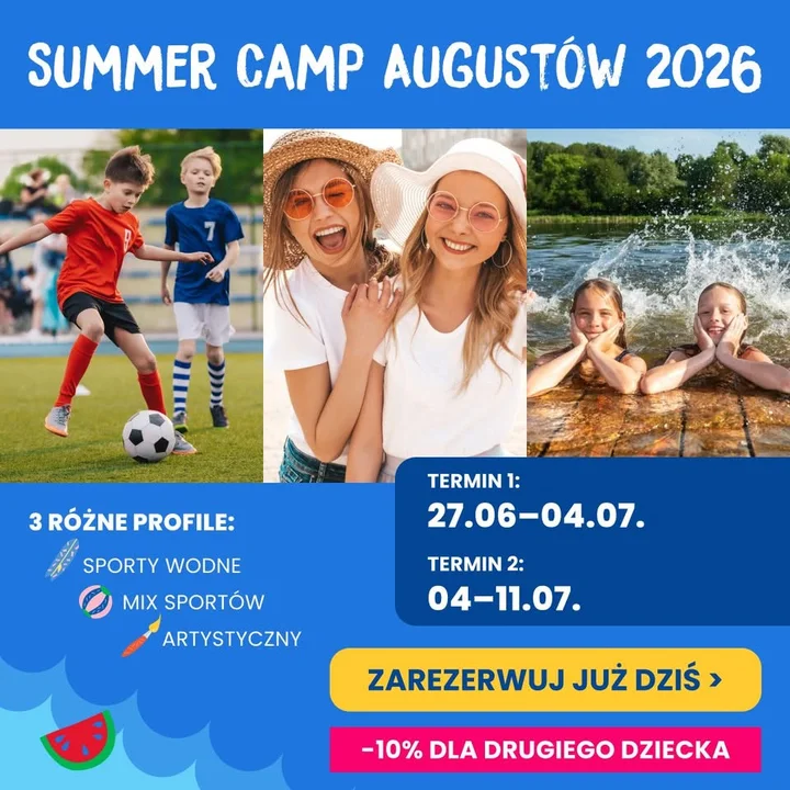 Grafika promocyjna wydarzenia Summer Camp Augustów 2026 — obóz sportowo-artystyczny dla dzieci