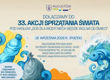Grafika promocyjna wydarzenia 33. Akcja Sprzątania Świata „SOS dla wody! Niech będzie wolna od śmieci”