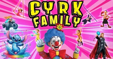Grafika promocyjna wydarzenia Cyrk Family w Augustowie – iluzja, akrobacje i pokazy dla całej rodziny