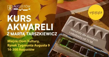 Grafika promocyjna wydarzenia Kurs akwareli Tararira w Augustowie. Trzy warsztaty z Martą Taraszkiewicz