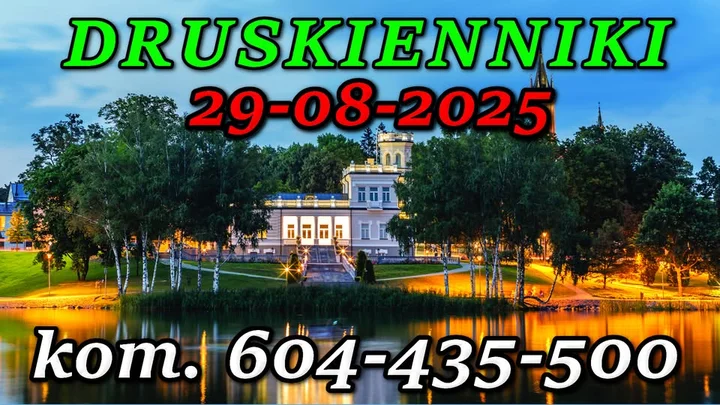 Obrazek przedstawia grafikę promocyjną wydarzenia Jednodniowa wycieczka do Druskiennik – 29 sierpnia 2025
