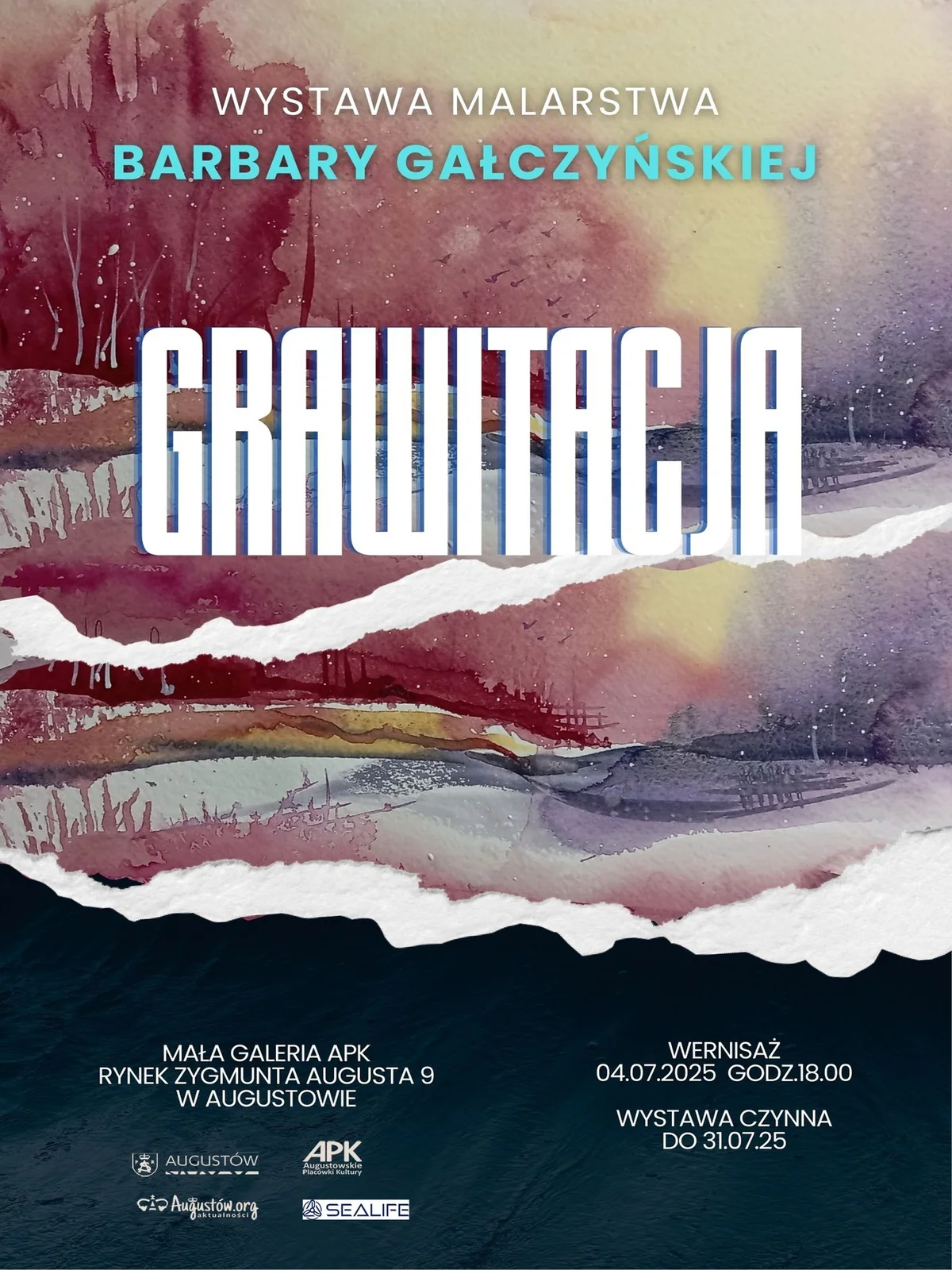Grafika promocyjna wydarzenia Wystawa akwareli prezentująca technikę grawitacji w Augustowie