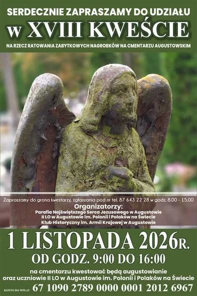 Grafika promocyjna wydarzenia XVIII Kwesta na rzecz ratowania zabytkowych nagrobków na cmentarzu augustowskim