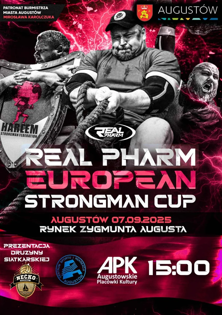 Obrazek przedstawia grafikę promocyjną wydarzenia Zawody Strongman w Augustowie – rywalizacja siłaczy na Rynku Zygmunta Augusta